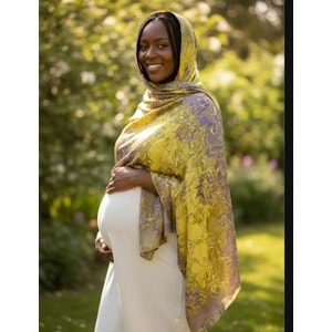 Yeşil Üzerine Mor Yıldız Çiçekli Ebru İpek Eşarp Fular