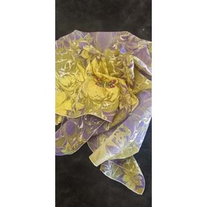 Yeşil Üzerine Mor Yıldız Çiçekli Ebru İpek Eşarp Fular