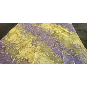 Yeşil Üzerine Mor Yıldız Çiçekli Ebru İpek Eşarp Fular