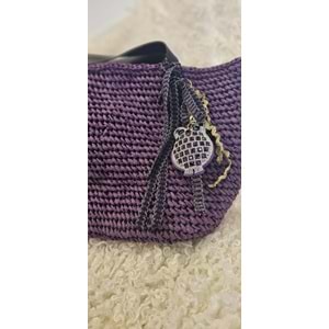 Mor Renkli Deri Saplı Baykuşlu Şık Çanta