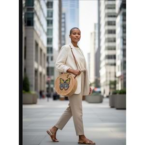 Kelebek Detaylı Bol Taş İşlemeli Çift Deri Saplı Yuvarlak Çanta