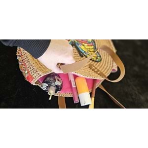 Kelebek Detaylı Bol Taş İşlemeli Çift Deri Saplı Yuvarlak Çanta