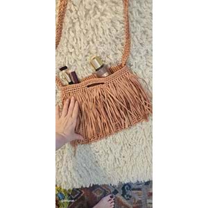 Tarçın Rengi Püsküllü Kağıt İp Örgü Çanta