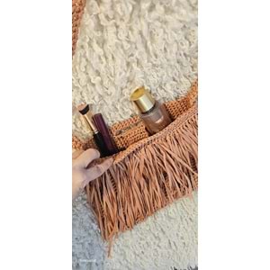 Tarçın Rengi Püsküllü Kağıt İp Örgü Çanta