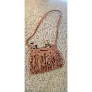 Tarçın Rengi Püsküllü Kağıt İp Örgü Çanta