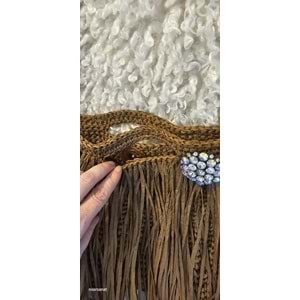 Kahverengi Taş Süslemeli El Örgüsü Püsküllü Çanta