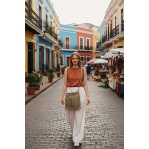 Latte Rengi Püsküllü Kağıt İp Örgü Egzotik Çanta