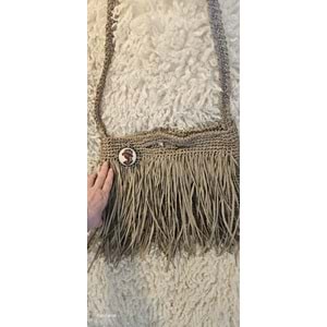 Latte Rengi Püsküllü Kağıt İp Örgü Egzotik Çanta