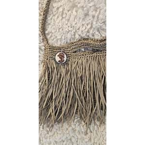 Latte Rengi Püsküllü Kağıt İp Örgü Egzotik Çanta