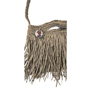 Latte Rengi Püsküllü Kağıt İp Örgü Egzotik Çanta