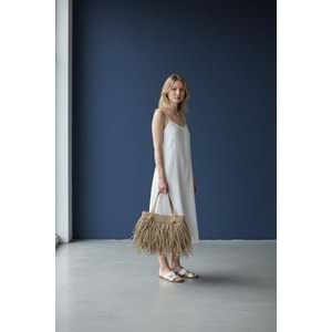 Kahverengi Püsküllü Yeişl Deri Süslemesi Olan Bohem Çanta