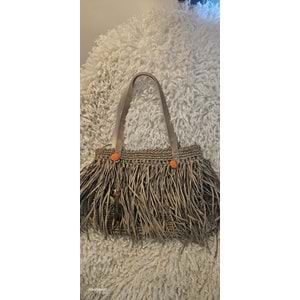 Kahverengi Püsküllü Yeişl Deri Süslemesi Olan Bohem Çanta