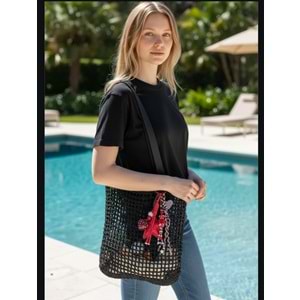 Çİft Deri Saplı Kırmızı Süslü Siyah File Çanta