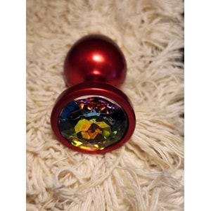 Metal Rainbow Taşlı Kırmızı Anal Plug Orta Boy