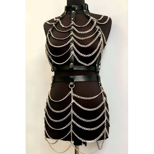 Zİncirli Crop Ve Etek Harness Alt Üst Takım L/XL