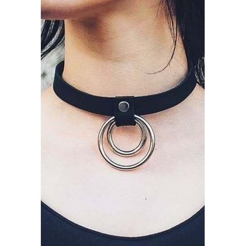 İnce Şerit Halka Detaylı Ayarlı Şık Deri Choker kolye L. XL.