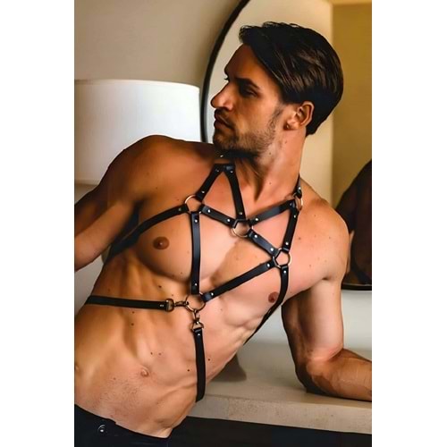 Erkek Fantazi Deri Harness Ve Kelepçe Takım 2XL/3XL