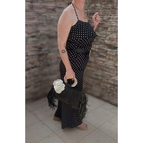 siyah El Örgüsü Hasır Çanta- Çiçek Detaylı Bohem Stil