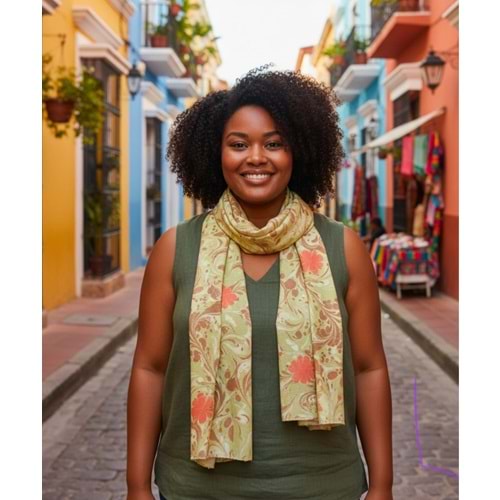 Kahverengi Üzerine Turuncu Çiçekli İpek Fular