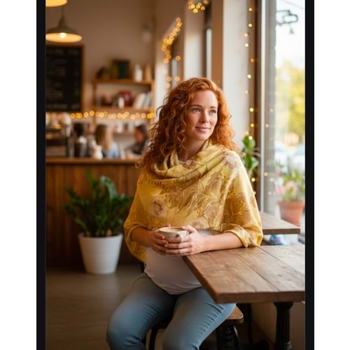 Sarı Üzerine Kahverengi Çiçekli İpek Ebru Fular Eşarp