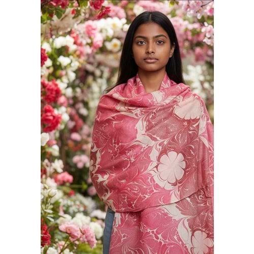 Pembe Üzeri Beyaz Çiçekli Ebru İpek Fular