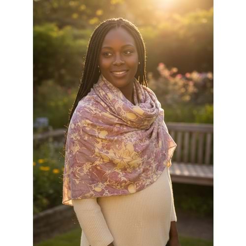 Mor Üzerine Krem Rengi Yıldız Çiçekleri Ebru İpek Eşarp Fular