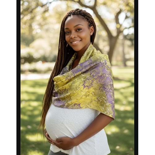 Yeşil Üzerine Mor Yıldız Çiçekli Ebru İpek Eşarp Fular