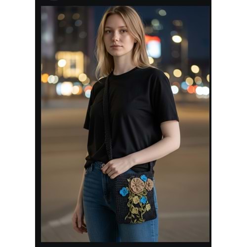 Füme Örgüsü Hasır Çanta- Çiçek Detaylı Bohem Stil