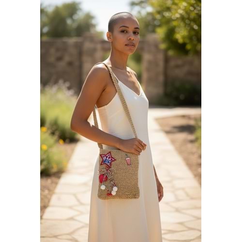 Vizon Rengi Kırmızı Nakışlar İle Süslenmiş 20x22 cm Ölçülerinde Bohem Çanta