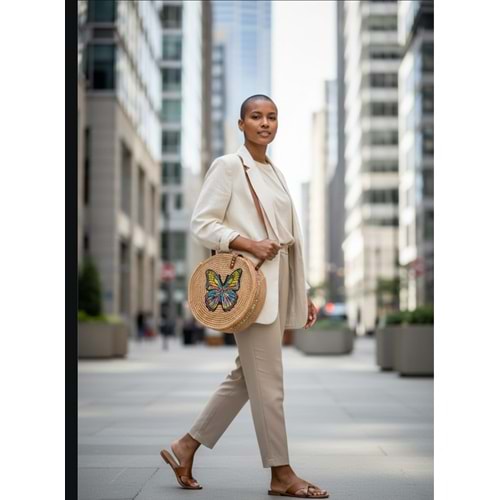 Kelebek Detaylı Bol Taş İşlemeli Çift Deri Saplı Yuvarlak Çanta