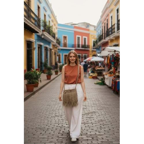 Latte Rengi Püsküllü Kağıt İp Örgü Egzotik Çanta