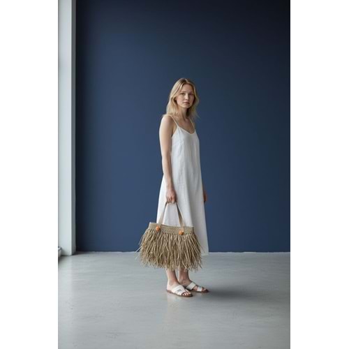 Kahverengi Püsküllü Yeişl Deri Süslemesi Olan Bohem Çanta