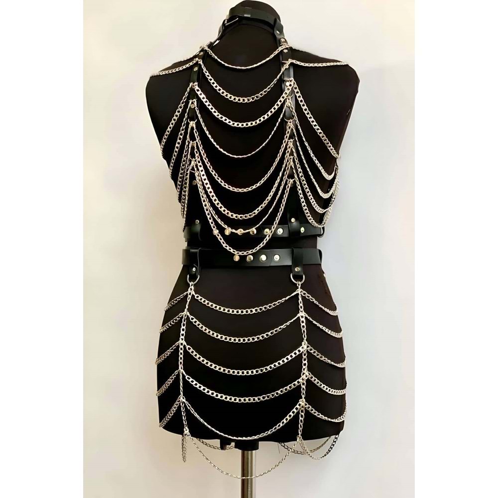 Zİncirli Crop Ve Etek Harness Alt Üst Takım L/XL