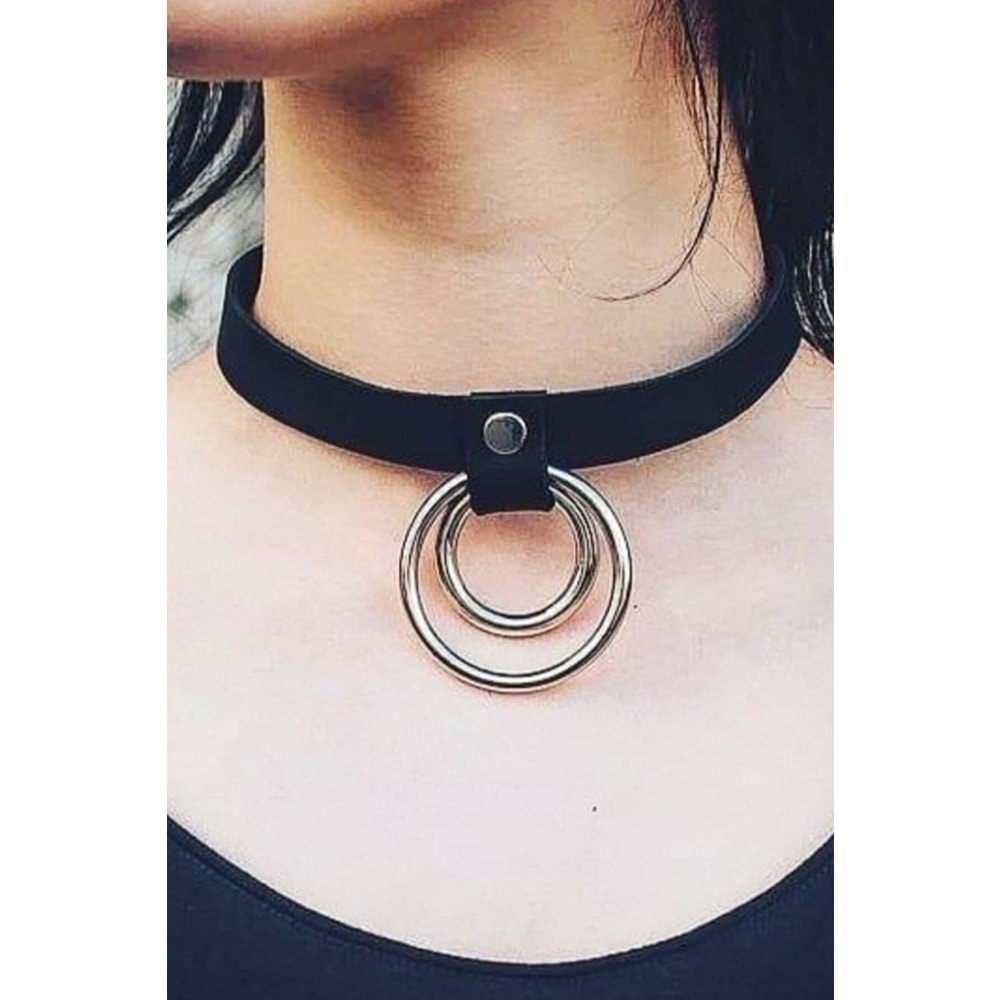 İnce Şerit Halka Detaylı Ayarlı Şık Deri Choker kolye L. XL.