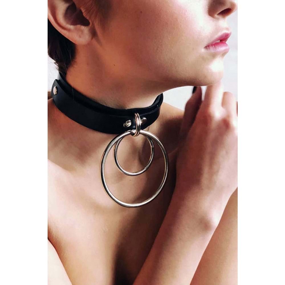 Büyük Ve Küçük Halka Detaylı Ayarlı Şık Deri Choker L/XL
