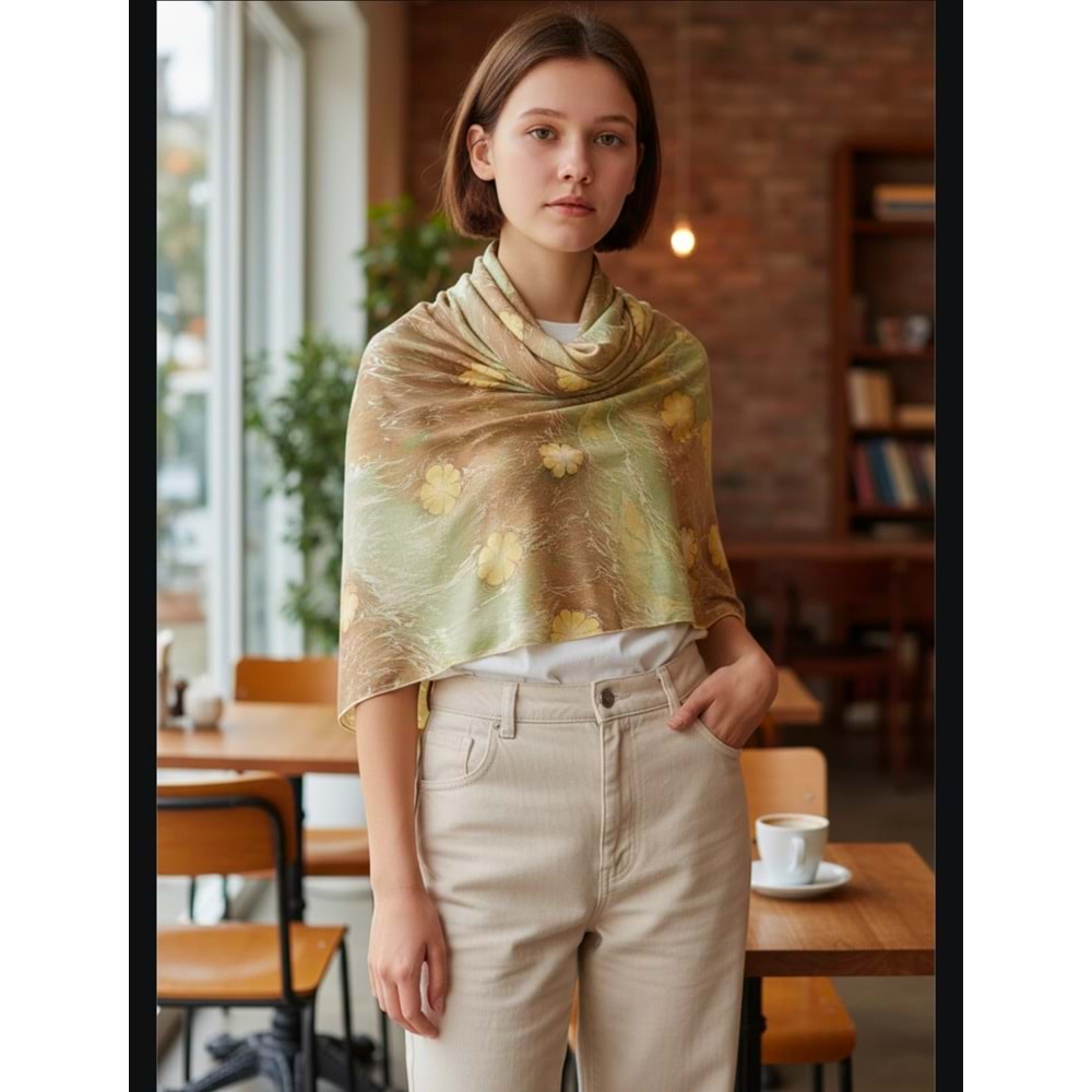 Yeşil Üzerine Sarı Çiçek Desenli Ebru İpek Fular