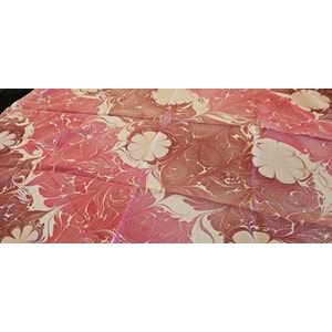 Pembe Üzeri Beyaz Çiçekli Ebru İpek Fular