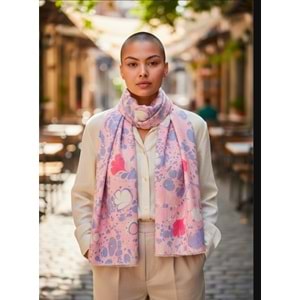 Pembe Üzerine Kırmızı Beyaz Çiçekler Ebru İpek Fular