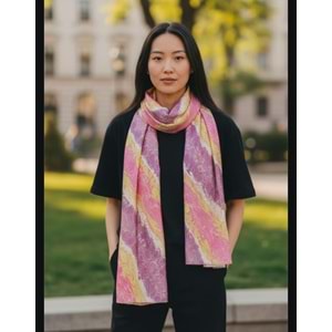 Pembe Mor Sarı Ebru İpek Eşarp