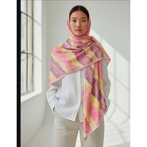 Pembe Mor Sarı Ebru İpek Eşarp