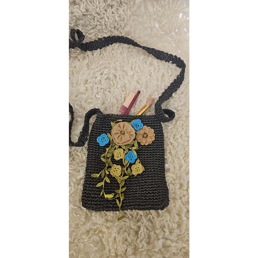Füme Örgüsü Hasır Çanta- Çiçek Detaylı Bohem Stil
