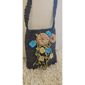 Füme Örgüsü Hasır Çanta- Çiçek Detaylı Bohem Stil