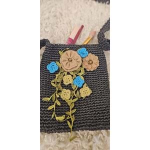 Füme Örgüsü Hasır Çanta- Çiçek Detaylı Bohem Stil