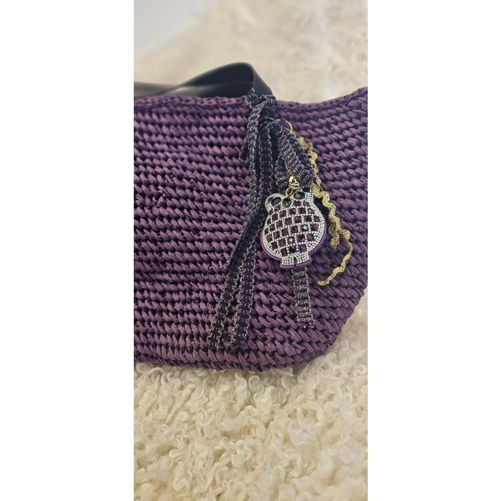 Mor Renkli Deri Saplı Baykuşlu Şık Çanta
