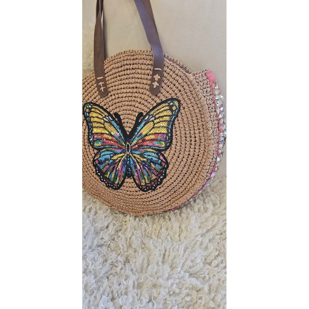 Kelebek Detaylı Bol Taş İşlemeli Çift Deri Saplı Yuvarlak Çanta