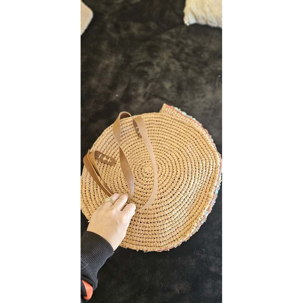 Kelebek Detaylı Bol Taş İşlemeli Çift Deri Saplı Yuvarlak Çanta