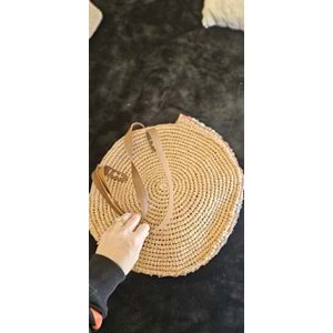 Kelebek Detaylı Bol Taş İşlemeli Çift Deri Saplı Yuvarlak Çanta