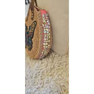 Kelebek Detaylı Bol Taş İşlemeli Çift Deri Saplı Yuvarlak Çanta