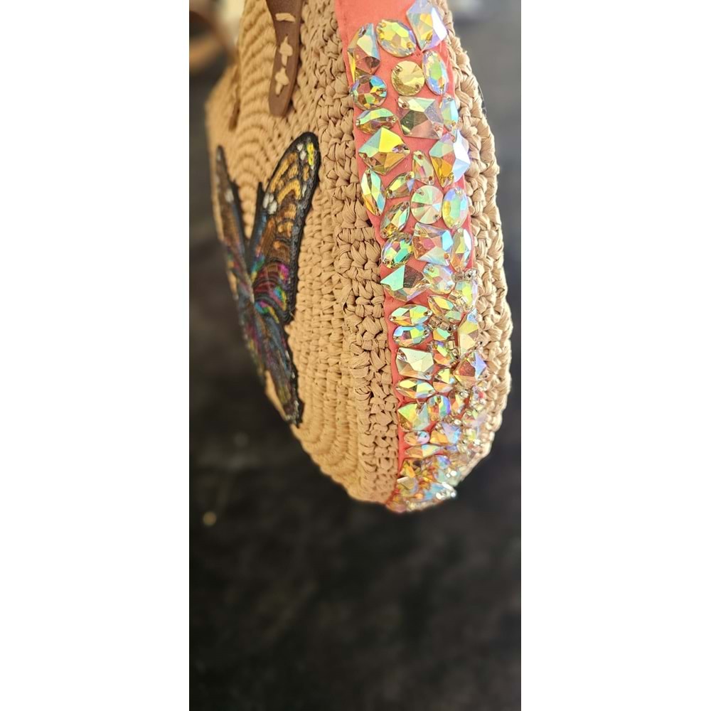 Kelebek Detaylı Bol Taş İşlemeli Çift Deri Saplı Yuvarlak Çanta