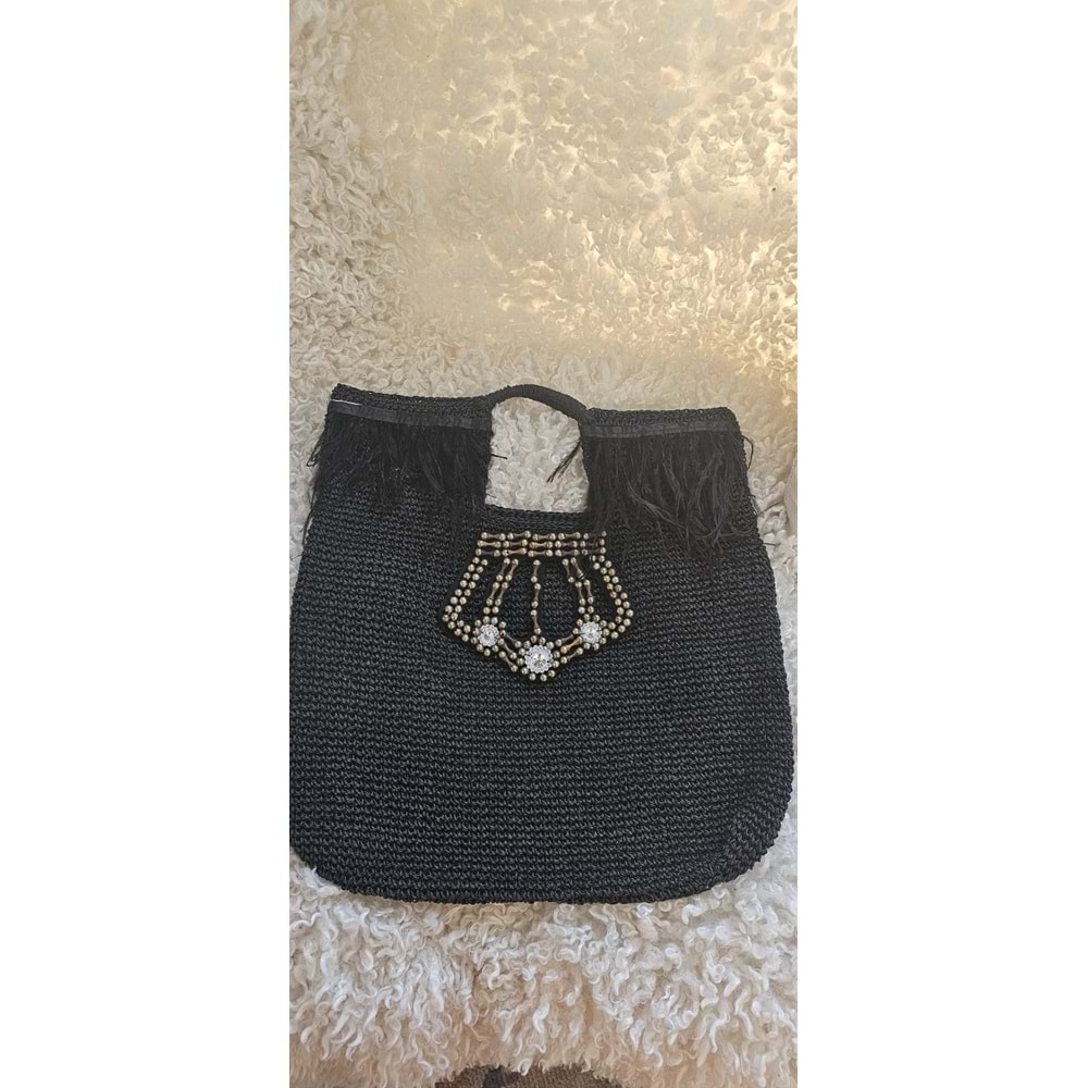 Siyah Kral Tacı Desenli Taşlı ve Tüylü Çanta
